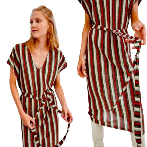 Zara Metallic Striped Belted Midi Dress V-Neck Size M - Picture 16 of 16